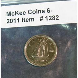 1282. 2005 Canada Dime with extremely high rim mint error.