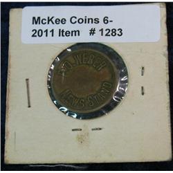 1283. "F.O. Weber/News Stand", "Good For/5c/In Trade"