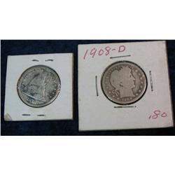 1285. 1878 P & 1908 D Silver U.S. Quarters. Fair to AG.