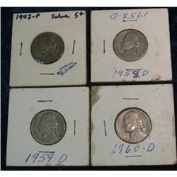 1290. 1942 P (silver), 58D, 59D, & 60D Jefferson Nickels.