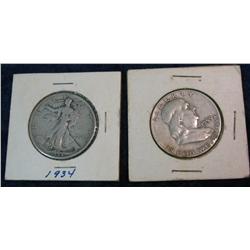 1294. 1934 P & 59 D Silver U.S. Half Dollars. VG-F.