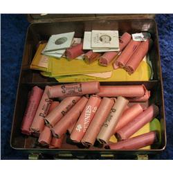 1331. Metal Lock Box with (25) Rolls of Old Wheat Cents