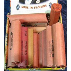 1333. (17) Rolls of Old Wheat Cents in an old cigar box.