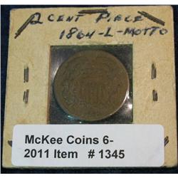 1345. 1864 Large Motto U.S. Two Cent Piece. G-VG.