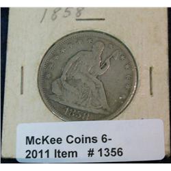 1356. 1858 P U.S. Seated Liberty Half Dollar. VG-8.