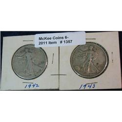 1357. 1942 P & 43 P Walking Liberty Half Dollars. VG-F.