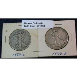 1358. 1934 S & 42 S Walking Liberty Half Dollars. G-VG