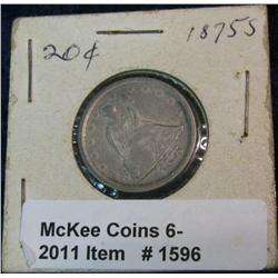 1596. 1875 S U.S. Twenty Cent Piece. VG-8.