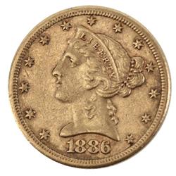 1886S GOLD HALF EAGLE $5.00 LIBERTY COIN