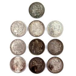 10 MORGAN SILVER DOLLARS F TO UNC 1879 TO 1921