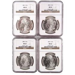 LOT OF 4 NGC MS63 MORGAN SILVER DOLLARS 1880-1881