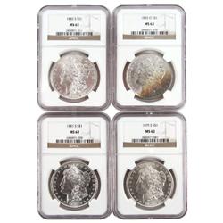 LOT OF 4 NGC MS62 MORGAN SILVER DOLLARS 1879-1885