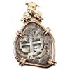 TREASURE COIN 2 REALES 1707 IN 14K BEZEL WITH COA