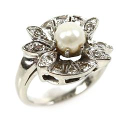 ANTIQUE LADIES 14K WHITE GOLD PEARL & DIAMOND RING