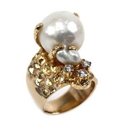 LADIES 18K YELLOW GOLD RING W/ DIAMONDS & PEARL