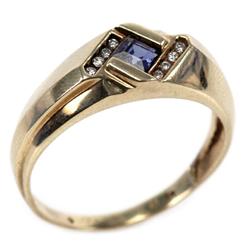 MENS 10K YELLOW GOLD SAPPHIRE & DIAMOND RING