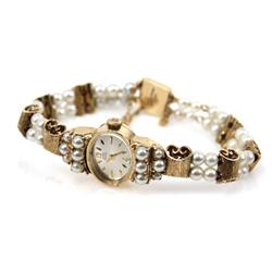 LADIES 14K GOLD & PEARL LUCIEN PICCARD WRIST WATCH