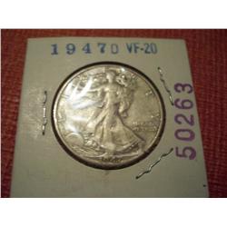1947-D Silver Walking Half Dollar, VF-20