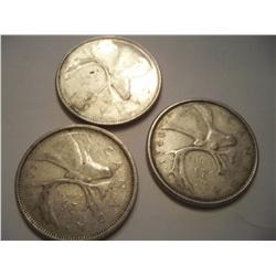 3 Canada Silver Quarters, 1963, 1964, 1966