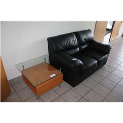 BLACK LEATHER RECEPTION SOFA AND COFFEE TABLE