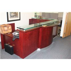 MAHOGANY WITH GLASS TOP L-SHAPED RECEPTION STATION