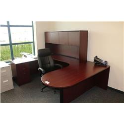 MAHOGANY U-SHAPED EXECUTIVE DESK WITH HUTCH