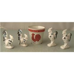 4 Rooster Ceramic Figurines & Flower Pot Vintage