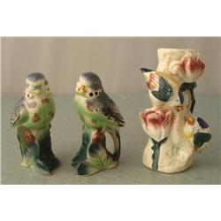 2 Parakeet Salt Pepper Shakers & Bird Flower Holder