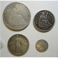 Nice type lot 1853 3 cent silver F-1856 quarter XF-1917T1 quarter F-1840 half $