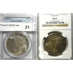 2  1922S Peace $  NGC63 and PCGS62