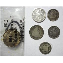 1830-1832-1849-1857 half dimes VG-1888 dime VG/F-1950D nickel GEM