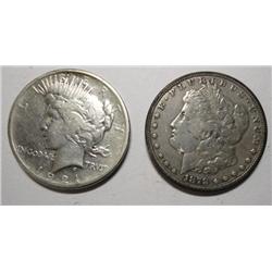 2 first year issue coins 1878CC F Morgan and 1921 Peace F $
