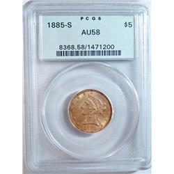 1885S  $5 Gold PCGS58--coin is a BU