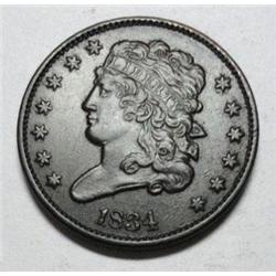 1834 half cent AU  dark chocolate brown color NICE
