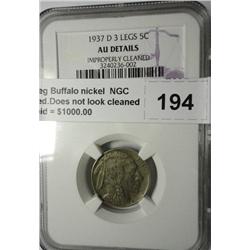 1937D 3 leg Buffalo nickel  NGC AU cleaned.Does not look cleaned