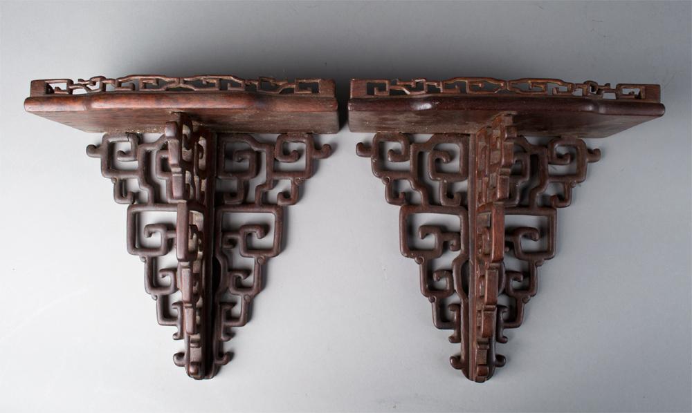 Pr. Chinese Carved Rosewood Wall Shelves
