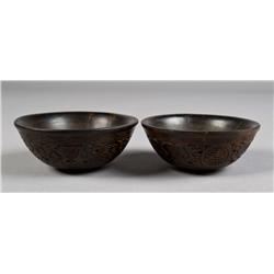 Pr. Chinese Carved Horn Wine Cups