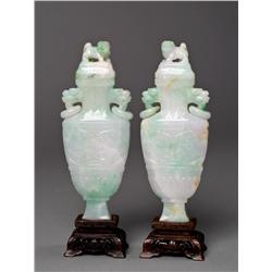 Pr. Chinese Qing Carved Jadeite Vase with Stand