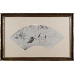 Chinese Watercolor Fan Painting on Paper