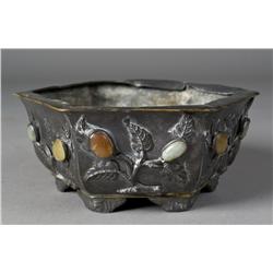 Chinese Jade Inlaid Tin Flower Frog