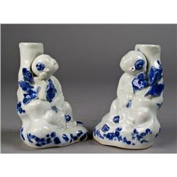 Pr. Chinese Blue & White Figural Candle Stands