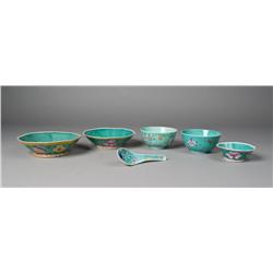 (5) Chinese Qing Famille Rose Bowls and Spoon