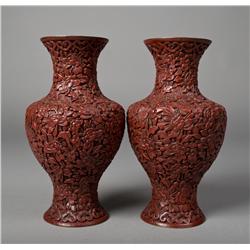 Pr. Of Chinese Qing Carved Cinnabar Vases