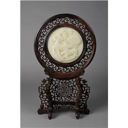 Chinese Carved Jade Plaque in Wood Stand