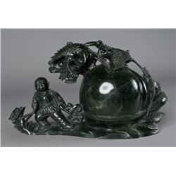 Chinese Jade Carving of a Boy Peach and Cranes