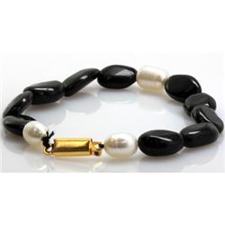 Natural Big Black Tourmaline and Pearl Beads Bracelet with clasp