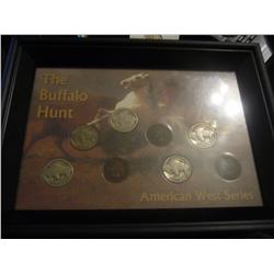 THE BUFFALO HUNT COINS AND FRAME 5 BUFFALO NICKELS 3 INDIAN CENTS