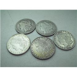 (5) Morgan Silver Dollars 01o,79p,21p,96s,83s