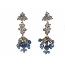 18k Gold and Silver Earrings with Diamonds and Sapphire