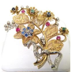 14K Gold Diamond, Sapphire, Ruby & Emerald Pin